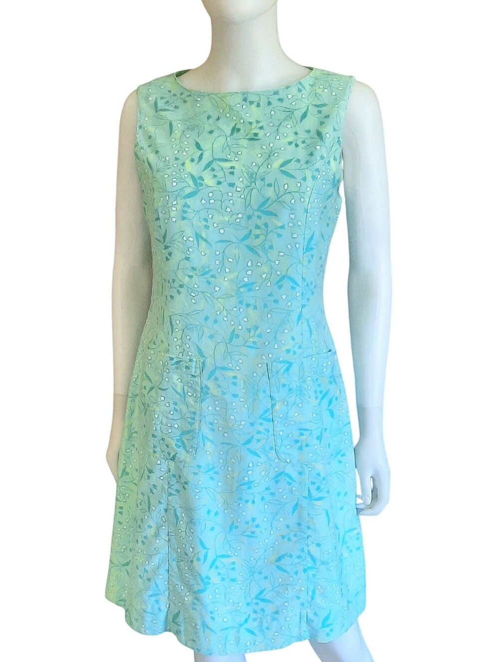 Vintage LILLY PULITZER Floral Cotton Boat Neck Sleeveless Dress Mint/Blue Sz 10